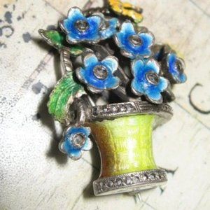 ❤️ALICE CAVINESS Art Deco Sterling Enamel Marcasite Flower Pin Signed